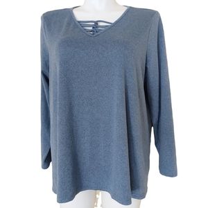 Studio 1886 Plus Size Heathered Blue Extra Soft Criss Cross Neckline Sweater Top